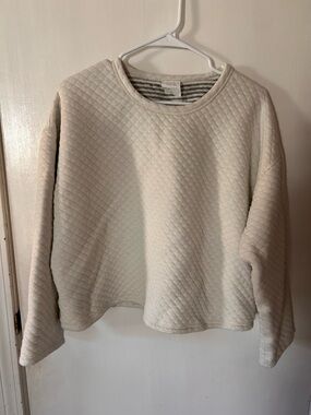 J. Crew Reversible Quilted Crewneck in Light Beige and Gray Stripe